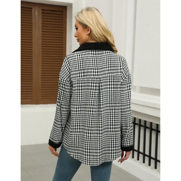 Womens Flannel Jacket Sherpa Trim Plaid Fleece Shacket Winter Coat S-XXL - Picture 4 of 4